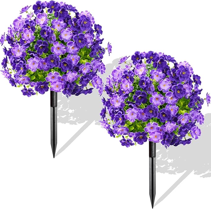 Waipfaru Set of 2 Artificial Boxwood Topiary with Colorful Flowers, 23" UV Resistant Fake Bushes Faux Outdoor Plants, Artificial Shrubs with Ground Spike for Outdoor Garden Front Porch(Purple)