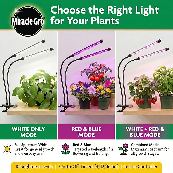 Miracle-Gro, Grow Light for Indoor Plants - 10W LED, Flexible 2-Head, Selectable Spectrum for Indoor Plants, Seeds, Herbs, Flowers, Plug-in Anywhere for Any Plant