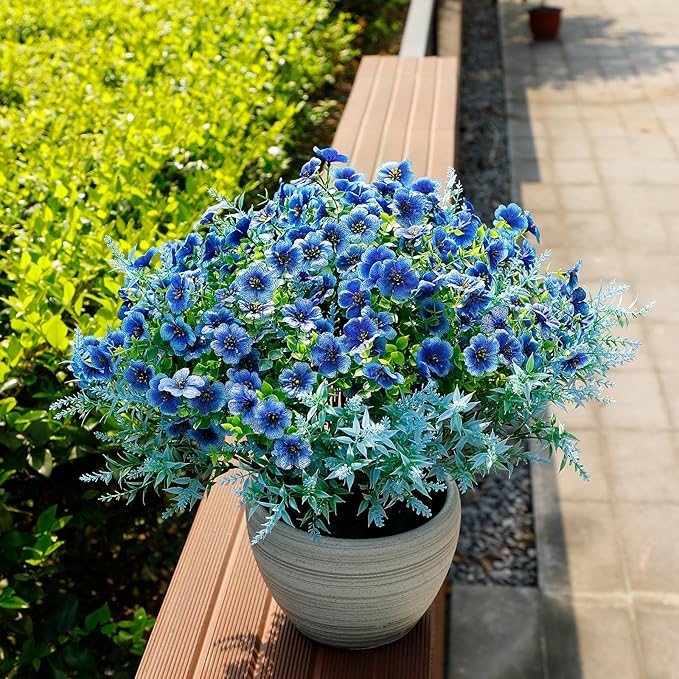 SHareconn 24 Bundles Artificial Flowers for Outdoors Decoration, Faux Plants Fake Silk Colorful Daisy Eucalyptus Lavender, UV Resistant for Outside Home Porch Patio Indoor Spring Decor, Blue