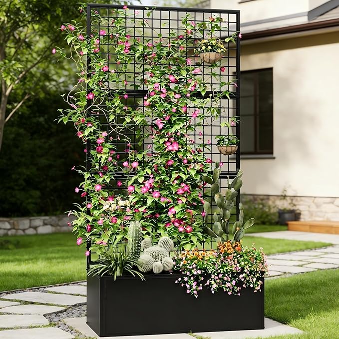 Privacy Planters for Patio – Metal Raised Garden Bed with Trellis and Privacy Screen, 71" x 35" x 16" Planter Box with Drainage Holes for Climbing Plants, Vegetables, and Vines, Outdoor Backyard Black