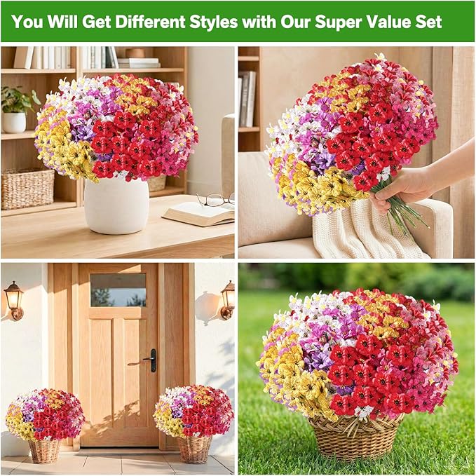 60 Pack Artificial Flowers Outdoor, Faux Silk Flowers for Outdoors Outside Front Porch Hanging Planter Window Box Garden Decoration(Mixed)