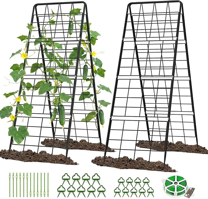 2 Pack Cucumber Trellis, 59" High Foldable A-Frame Garden Trellis for Raised Bed Garden Grow Support with Plant Support Clips Ties for Cucumber,Tomato, Climbing Plants and Flowers