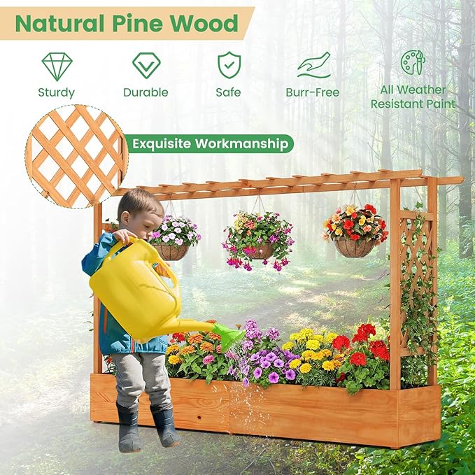 MAT EXPERT Raised Garden Bed with Trellis & Hanging Roof, Lattice Panel with Drainage Hole for Flower, Climbing Plant, Herb, Planter Box for Garden, Patio, Yard (2, 77" x 17" x 45" (L x W x H))