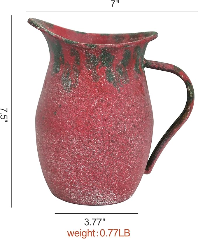 Vintage Country Metal Flower Vase Farmhouse Decorative Milk Can Pot Rustic Pitcher Jug for Home Kitchen Cabinets Table Centerpiece Decor Gifts Retro Red