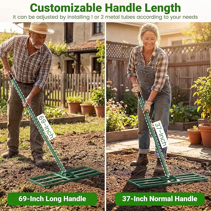 Goplus Lawn Leveling Rake, 30" x 10" Heavy Duty Level Lawn Tool w/ Ergonomic Handle for Soil, Effort-Saving Landscape Rake for Garden, Backyard, Golf Course, Farm, Pasture (Green)