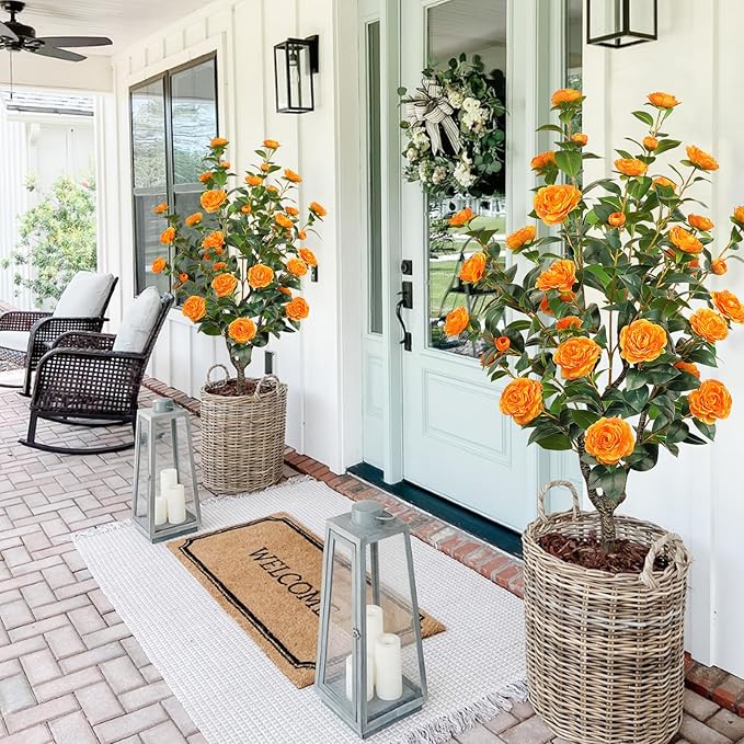 2 Pack 43.3"/3.6FT Artificial Tree with Camellia Flowers Fake Tree with 32 Blooming Flowers Orange Tree for Spring Home Front Door Outdoor Indoor Decor (Including Faux Moss)