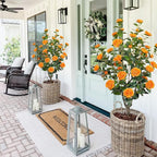 2 Pack 43.3"/3.6FT Artificial Tree with Camellia Flowers Fake Tree with 32 Blooming Flowers Orange Tree for Spring Home Front Door Outdoor Indoor Decor (Including Faux Moss)