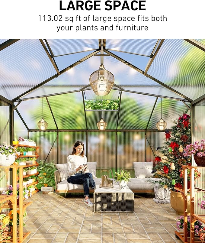 12x12 FT T-Shape Greenhouses, Polycarbonate Green House with UV Protection, Heavy Duty Greenhouse with Windproof Aluminum Frame, Roof Vent & Quick-Install Design for Backyard or Garden Use