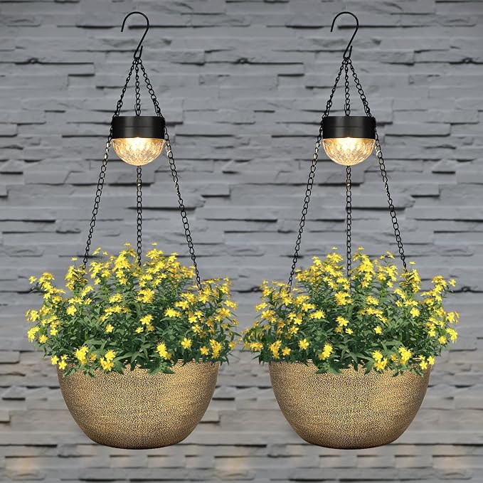 BAYN 2 Packs Solar Hanging Basket Planters for Plants Outdoor, Self Watering Copper Flower Plants Pots with Solar Light Drainer for Balcony Patio Garden Outdoor Decoration
