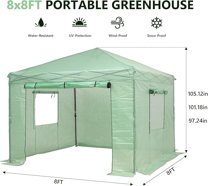 GDY 8X8FT Instant Pop-up Greenhouse, Walk-in Plant Gardening Green House with PE Cover/Roll-Up Zipper Doors/Side Windows for Indoor, Backyard and Outside, Green/Clear.