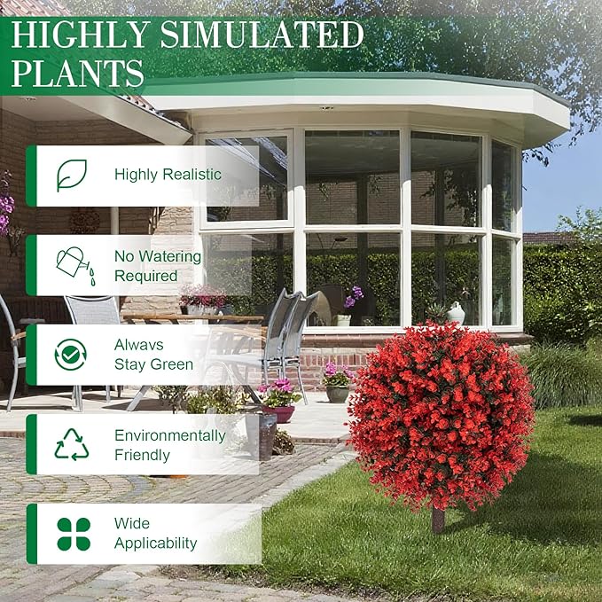 AOKIIE Set of 2 Artificial Red Boxwood Topiary Ball Tree for Outdoor with Ground Spike, 22" UV Resistant Faux Greenery Shrubs, Fake Plants for Garden Yard Porch Patio(Red)