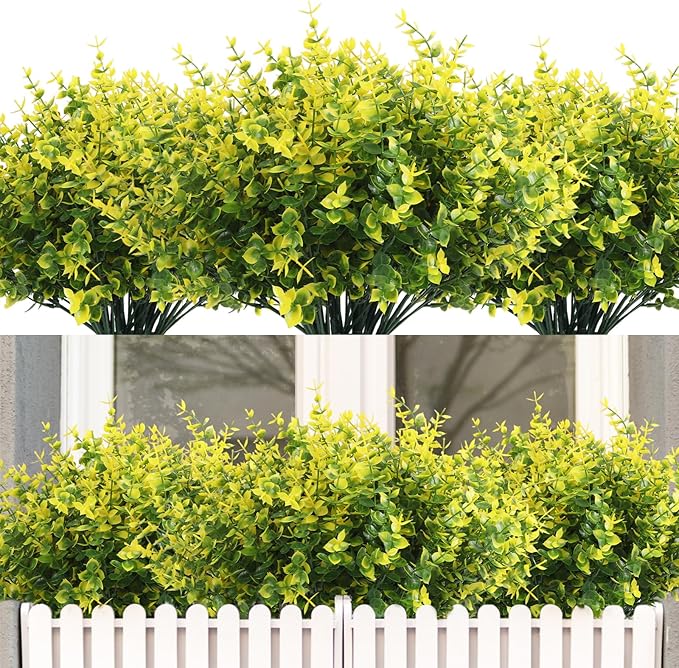 RECUTMS 12 Bundles Spring Greenery UV Resistant Artificial Outdoor Flowers Fake Plastic Plants Outdoor Fake Flowers Boxwood Stems for Kitchen,Home,Garden,Patio,Wedding Yard Window Box(Yellow)