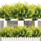 RECUTMS 12 Bundles Spring Greenery UV Resistant Artificial Outdoor Flowers Fake Plastic Plants Outdoor Fake Flowers Boxwood Stems for Kitchen,Home,Garden,Patio,Wedding Yard Window Box(Yellow)