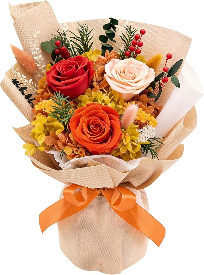Gnifot Preserved Flowers Bouquet, Flowers for Delivery,Handmade Orange Rose Bouquets Lasting 3-5 Years, Luxury Gift Box,Birthday Flowers Gifts for Women Mom Grandma Wife Friends