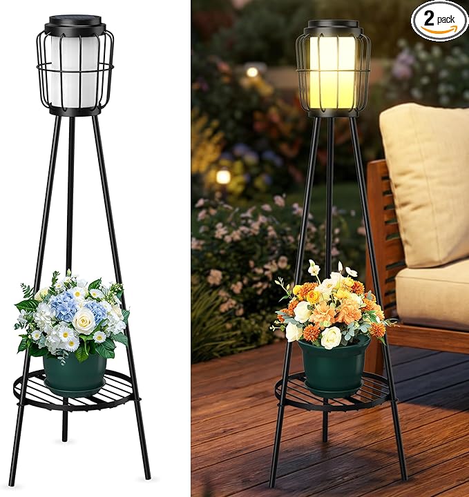 2-in-1 Solar Lights Outdoor with Plant Stand, Waterproof Solar Floor Lamp & Tall Metal Planter Holder for Outside, Decorative Tripod Pathway Lantern for Patio, Garden, Porch, Yard Decor (2 Pack)