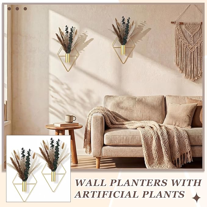 Jexine 4 Pcs Hanging Planters with Artificial Pampas Grass Metal Hanging Vase Indoor Plants Holder Modern Geometric Boho Bathroom Wall Decor for Living Room Home Office (Gloden)