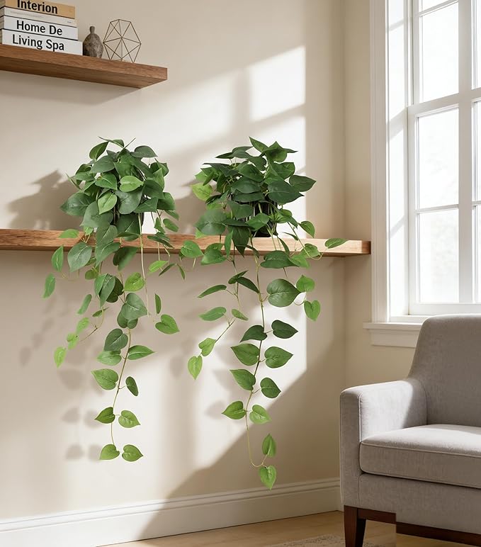 Fake Plants 2 Pcs Faux Pothos Plants Potted Indoor Artificial Hanging Plants Realistic Fake Greenery Table Desk Bathroom Office Bedroom Living Room Shelf Modern Farmhouse Decor Indoor