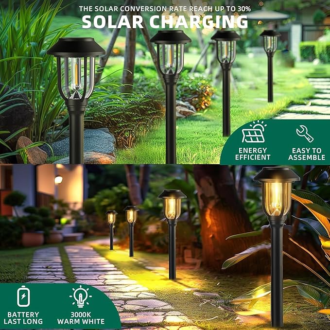 Solar Pathway Lights Outdoor 8 Pack, Warm White Solar Path Lights, Waterproof Energy Efficient Landscape Lights Decorative Auto On/Off, Solar Garden Lights for Yard Walkway Driveway Patio