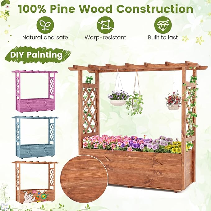 Giantex Raised Garden Bed with Sided Trellis & Roof Set 2, 31”x16”x41” Wood Elevated Planter Box, Freestanding Garden Planter Raised Bed for Flowers Herbs Climbing Vines,Brown