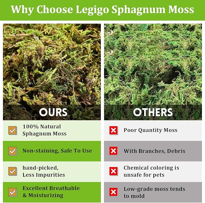 Legigo 3.5 OZ Sphagnum Moss for Reptile- 4 QT Natural Reptile Moss Terrarium Moss Substrate, Snake Tank Moss Peat Moss Reptile Bedding for Snake, Gecko, Ball Python, Frog and Orchids Plants