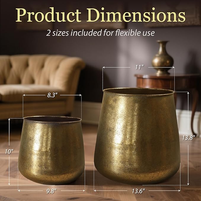 Worth Garden Metal Planters Set of 2, Vintage Gold Round Decorative Containers Flower Pots - Classic Iron Plant Pot for Patio, Front Porch, Indoor Use - Large: 13.5"D x 13.8"H, Small: 9.8"D x 10"H