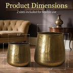 Worth Garden Metal Planters Set of 2, Vintage Gold Round Decorative Containers Flower Pots - Classic Iron Plant Pot for Patio, Front Porch, Indoor Use - Large: 13.5"D x 13.8"H, Small: 9.8"D x 10"H