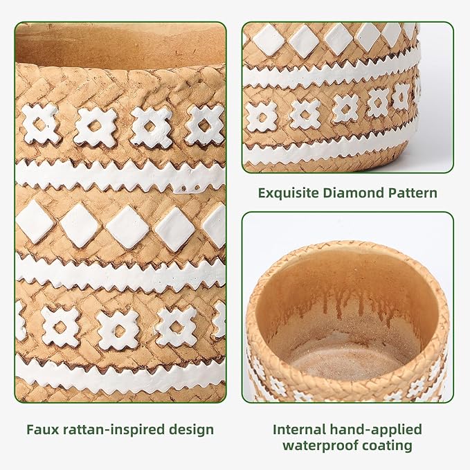vomiceak Concrete Rattan-Style Plant Basket Planter, 5" Plant Pots Indoor Outdoor with Drainage Hole, Boho Flower Pot for Succulents, Herbs, Modern Farmhouse Decor, Ideal Gift for Plant Lovers