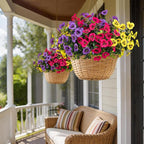 17 Inch Artificial Faux Pansy Flowers for Outdoor,Fake Pansies Flowers with Eucalyptus Leaves Fake Plants Greenery Boxwood Porch Patio Decor 6 Bundles(Light Purple,Dark Rose,Yellow)