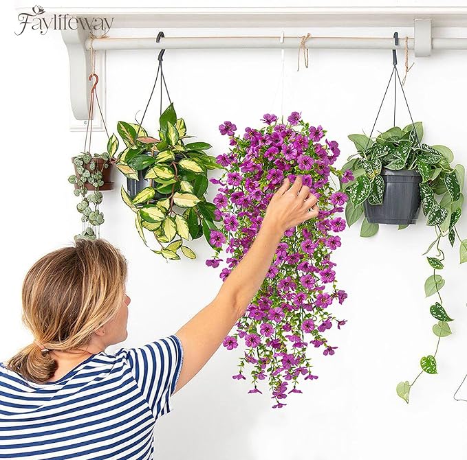 Artificial Hanging Flowers for Outdoors Spring Summer Decoration, 8PCS UV Resistant Silk Fake Hanging Plants for Patio Porch Front Yard Window Garden Indoor Decor(Purple,8PCS)