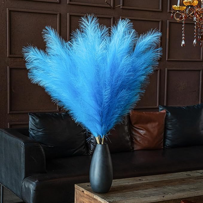 Premium Faux Navy Blue & Sky Blue Pampas Grass Decor – 43.3″8pcs Tall Fluffy Dual-Tone Feather Flowers, No Assembly 18-Branch One-Piece Stems for Coastal Boho Wedding & Modern Home Decor (8pcs 110cm)