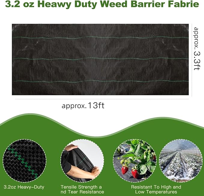 Approx.3.3FT×13FT Weed Barrier Fabric,Landscape Fabric,3.2oz Weed Barrier Fabric Heavy Duty,Weed Control Garden Cloth,Woven Geotextile Fabric for Garden Beds, Underlayment, with 4 U-Securing Pegs