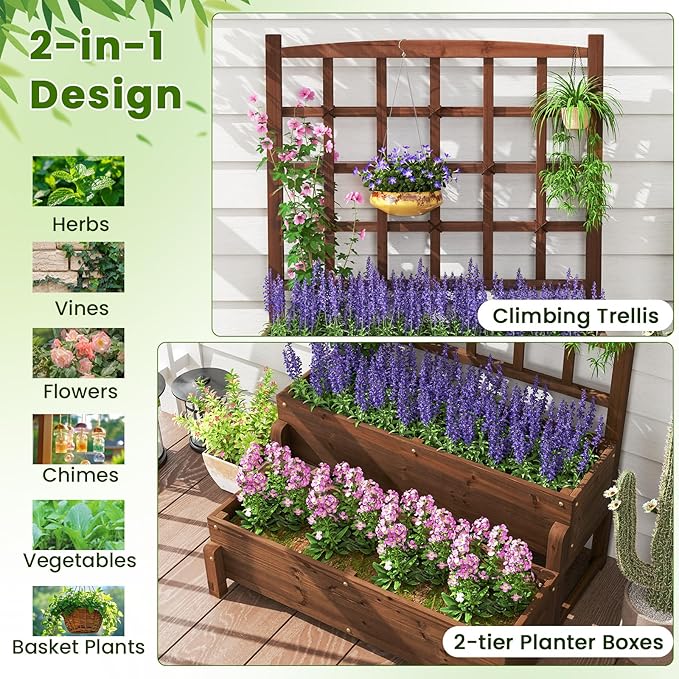 Giantex 2 Pcs Raised Garden Bed with Legs and Trellis, 2-Tier Standing Planter Box with Drain Holes, Outdoor Elevated Garden Trellis for Vine Climbing, Flower Vegetable Fruit Herb Growing