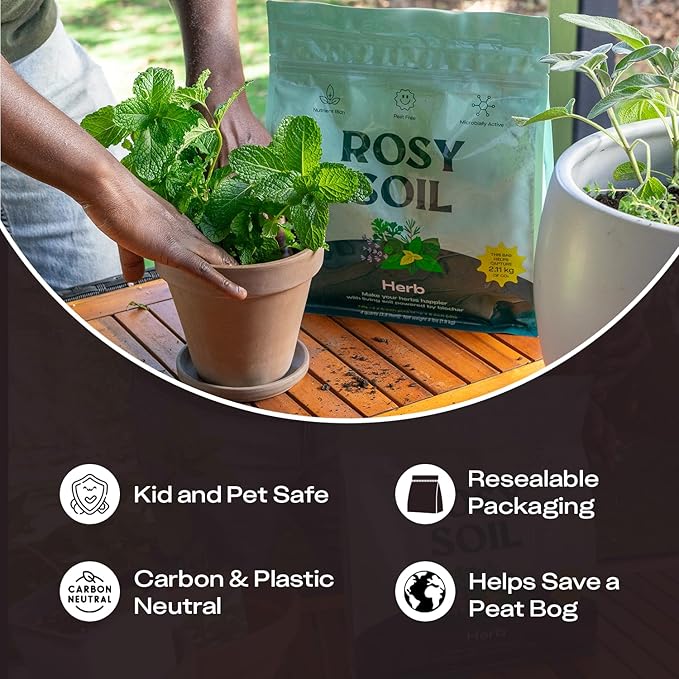 Rosy Soil Herb Mix - Organic Potting Mix for Herbs - Enriched with Biochar, Worm Castings for Root Development, Nutrient Uptake, and Strong Flavor - Fast Draining, Peat Free, Less Prone to Gnats - 4qt