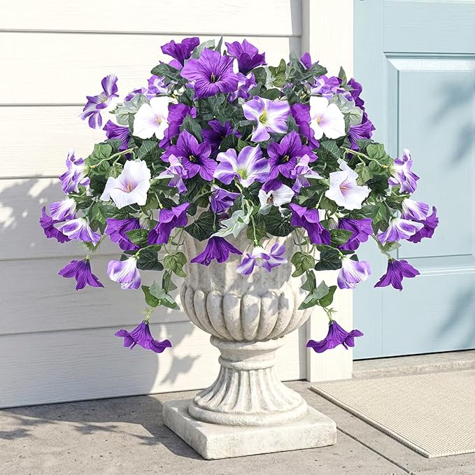 CEWOR 4pcs Artificial Flowers Plants for Outdoor Indoor, Fake Silk Flowers UV Resistant Faux Petunias Flower for Garden Front Door Porch Planter Patio Home Decor (Purple White)
