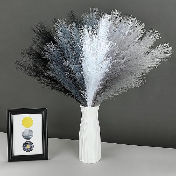 SeptCat 80 Pcs Pampas Grass Decor 21.7" Fluffy Black White Grey Faux Short Pampas Grass Artificial Small Pompas Grass Flower Vase Filler for Home Wedding Decoration
