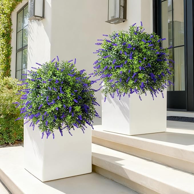 Bailikang 2PCS Artificial Lavender Boxwood Topiary Ball Bush with Ground Spike Fake Evergreen Shrubs Bushes Plants UV Resistant Faux Greenery Shrubs, Fake Green Boxwood Plants for Garden, Yard, Porch