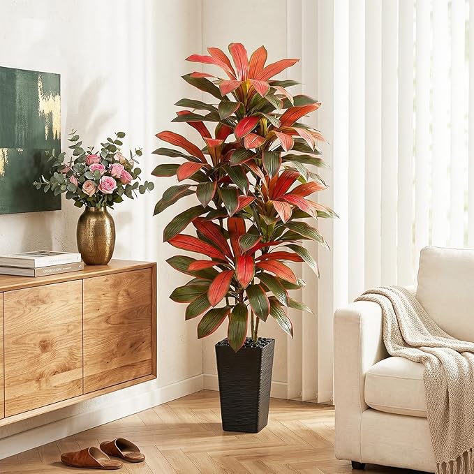 Artificial Red Dracaena Tree - 6FT Tall Fake Plants with Black Square Planter - Artificial Plants Indoor Floor Plant in Pot - Large Tropical Fake Yucca Potted Tree for Home Office Living Room Decor