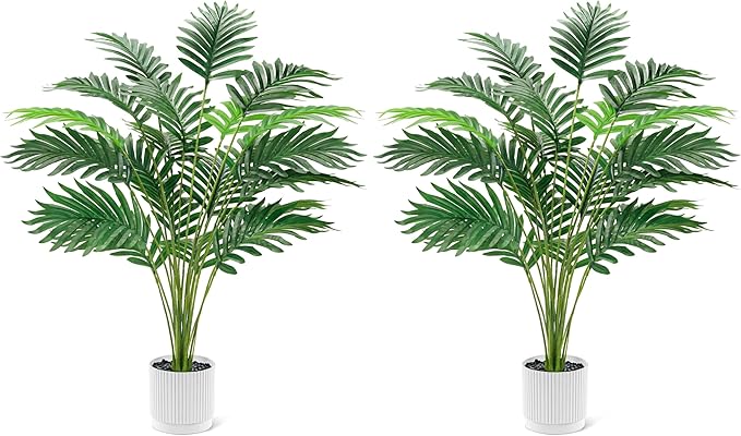 Der Rose 28'' Artificial Palm Tree Tall Fake Tropical Faux Trees Indoor and Outdoor for Home Bathroom Porch Outside Patio Decor (White Pot) (Pack of 2)
