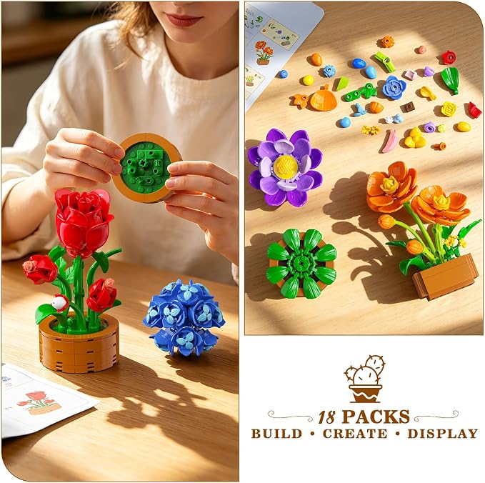 CUBIMANA 18 Unique Flowers Botanical Collection Mini Building Set, Tiny Flowers, Succulents & Plants with 3.6mm Mini Blocks, Desk Decor for Home Office, Relaxing DIY Gift for Women Adults Kids 12+