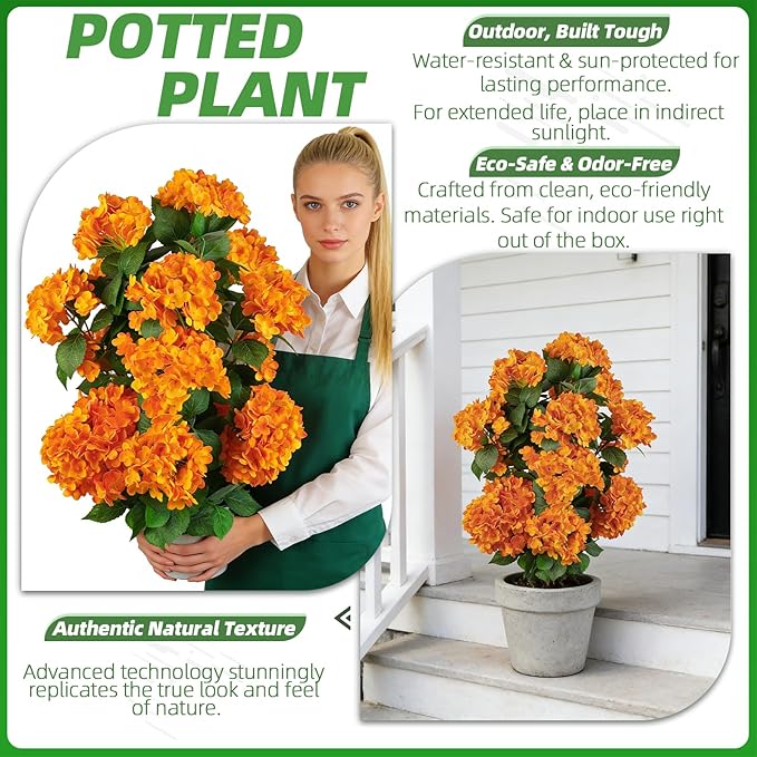 Faux Hydrangea Tree – 30 Inch Hydrangea Tree Artificial with Orange Flowers, UV Resistant Outdoor Hydrangea Artificial Plants in Pot for Indoor Outdoor Home Porch Decor (2, Orange)