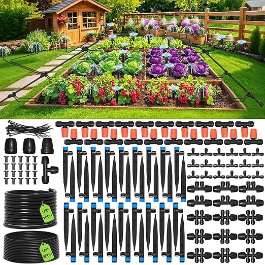 MIXC 300FT Drip Irrigation System Kit, Automatic Garden Misting Watering System with 100FT 1/2" & 200FT 1/4" Irrigation Tubing, Fitting, Adjustable Emitter for Greenhouse Lawn Raised Bed Potted Plant