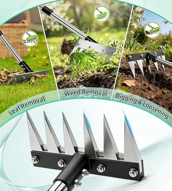 Weed Rake Tool Iron Weed Puller with 71" Adjustable Long Handle, 6 Teeth Garden Weed Remover Tool Heavy Duty Manual Weed Puller with Gloves for Yard, Lawn, Garden