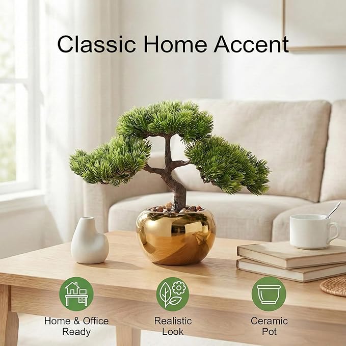 9.5 Inch Artificial Bonsai Tree with Ceramic Pot - Decorative Fake Plant for Home Office Living Room Window Sill, Fake Plants for Year-Round Decoration（Gold）