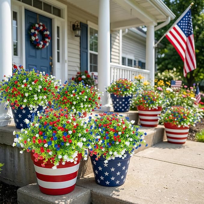 Hananona Artificial Flowers Outdoor, Faux Artificial Plants UV Resistant Plastic Flower Bulk for Hanging Planter Porch Window Home Wedding Fall Summer Decor (24, Red, White, Blue)