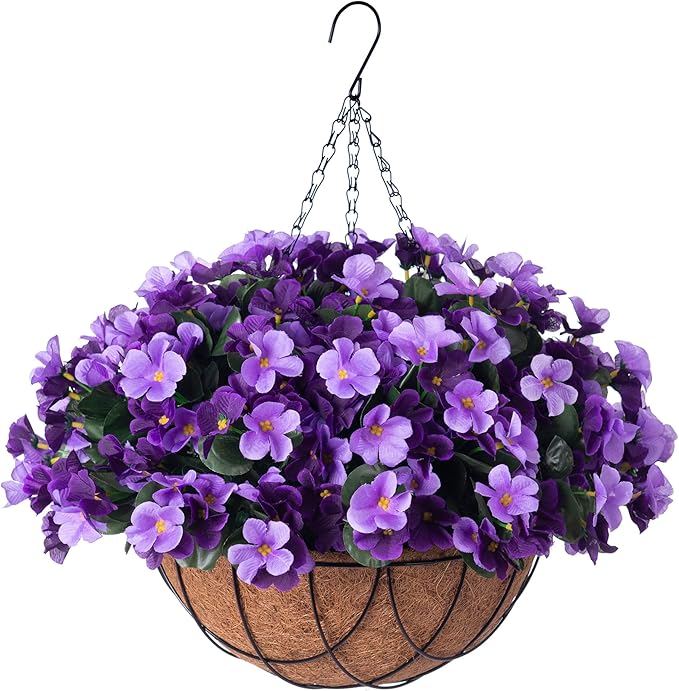 INXUGAO Artificial Hanging Flowers with Basket for Outdoor, Fake Hydrangea UV Resistant Arrangements in Pot Planter Spring Summer Decor for Indoor Porch Garden Yard(Double Violet)