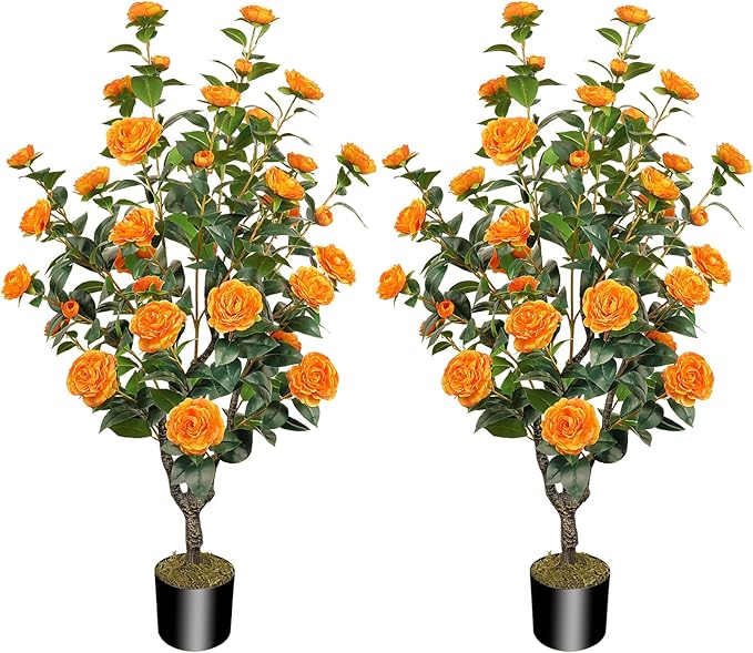 2 Pack 43.3"/3.6FT Artificial Tree with Camellia Flowers Fake Tree with 32 Blooming Flowers Orange Tree for Spring Home Front Door Outdoor Indoor Decor (Including Faux Moss)