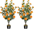 2 Pack 43.3"/3.6FT Artificial Tree with Camellia Flowers Fake Tree with 32 Blooming Flowers Orange Tree for Spring Home Front Door Outdoor Indoor Decor (Including Faux Moss)