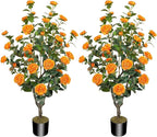 2 Pack 43.3"/3.6FT Artificial Tree with Camellia Flowers Fake Tree with 32 Blooming Flowers Orange Tree for Spring Home Front Door Outdoor Indoor Decor (Including Faux Moss)