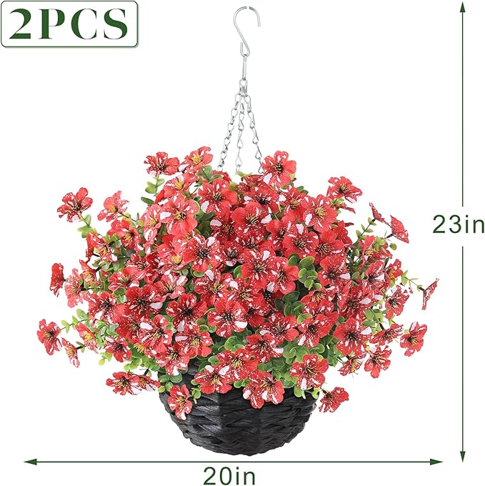 GLIDLION Artificial Flower & Eucalyptus with Hanging Basket - 2PCS Faux UV Sun Resistant Morning Glory in Planter, Fake Colorful Silk Flowers for Spring Summer Porch Patio Balcony Yard Decor (Red)