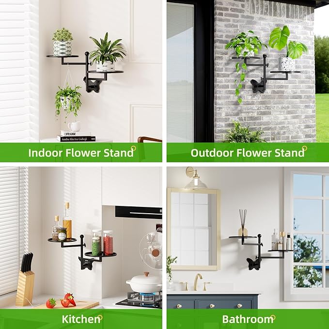 Rotating Window Shelves for Plants Wall Plant Stand Holder Indoor 2-Tier Floral Metal Window Shelf Holder for Multiple Plants Space Saving Child Pet Friendly Home Butterfly Design Decor Layer Black